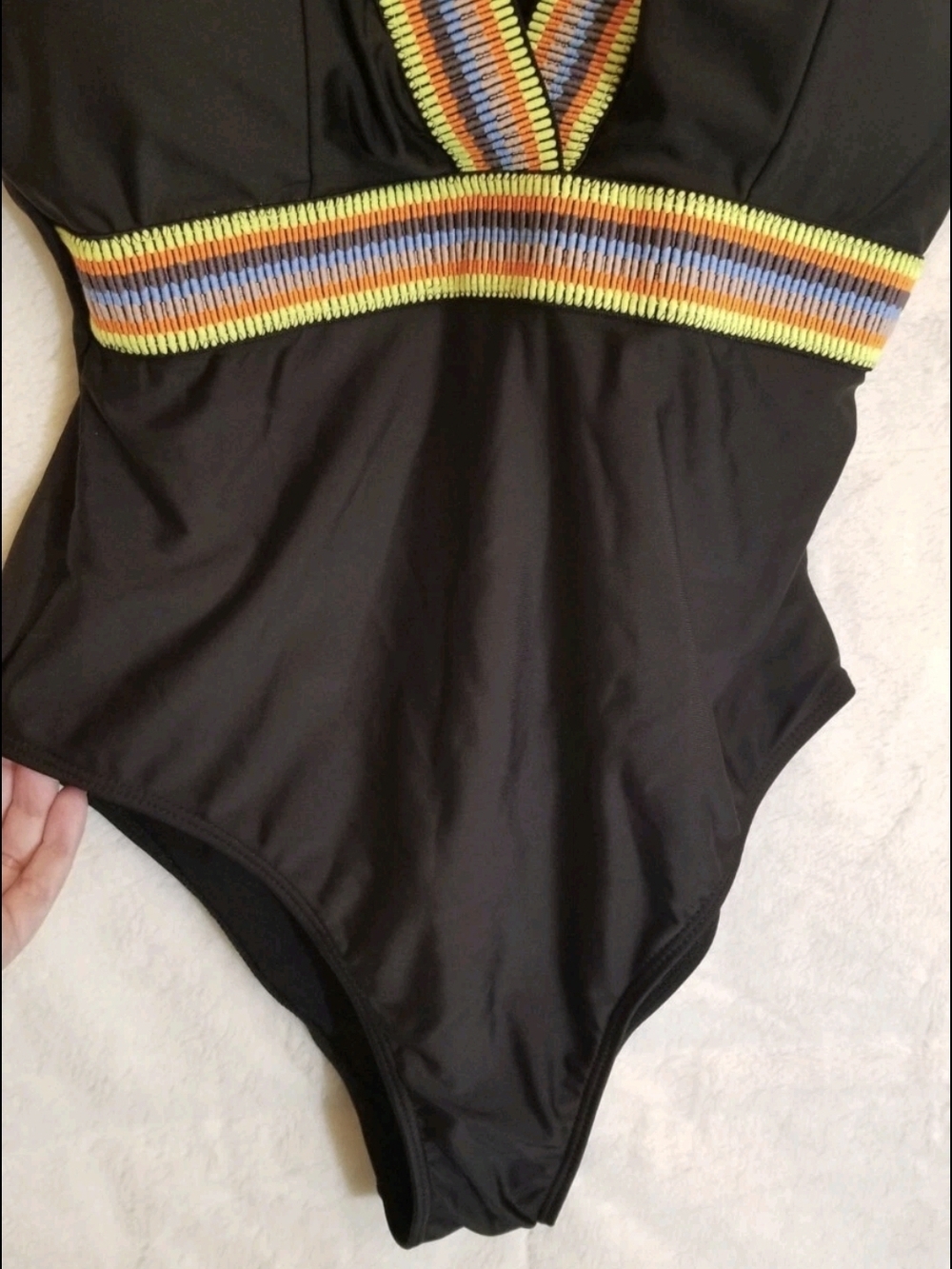 Shein Curve Black One-Piece Swimsuit with Colorful Striped Trim - Picture 9 of 11